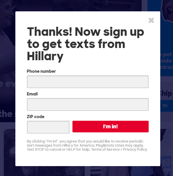 تُظهر هذه الصورة للمسوقين كيف تستخدم هيلاري كلينتون صفحة ضغط لتوليد مشتركين جدد في قائمة البريد الإلكتروني.