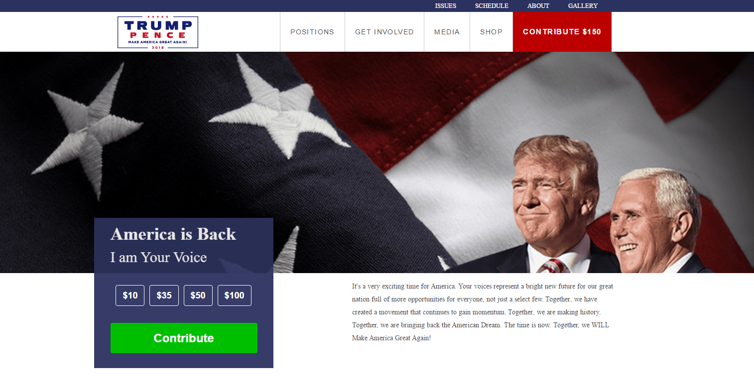 تُظهر هذه الصورة للمسوقين كيف يستخدم دونالد ترامب إشارة بصرية لتوليد تبرعات الحملة على صفحته الرئيسية.