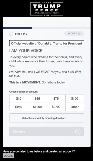 تُظهر هذه الصورة للمسوقين كيف يستخدم دونالد ترامب شريط التقدم لإعلام الزائرين بالخطوات الإجمالية المطلوبة للتبرع بالمال.