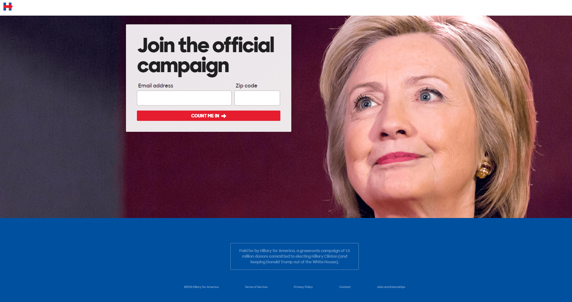 تُظهر هذه الصورة للمسوقين كيف تستخدم هيلاري كلينتون إشارة مرئية لتوليد مشتركين جدد عبر البريد الإلكتروني وزيادة المشاركة بين مؤيديها.