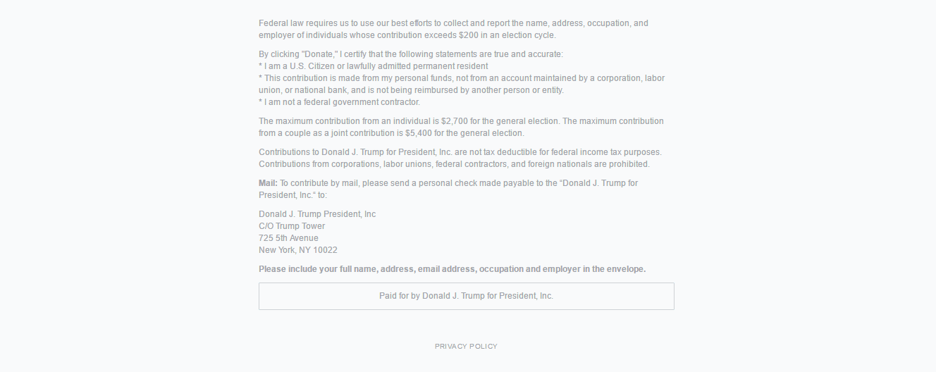 تُظهر هذه الصورة للمسوقين كيف يستخدم دونالد ترامب تذييلًا بسيطًا لتوليد المزيد من التحويلات وتبرعات الحملة.