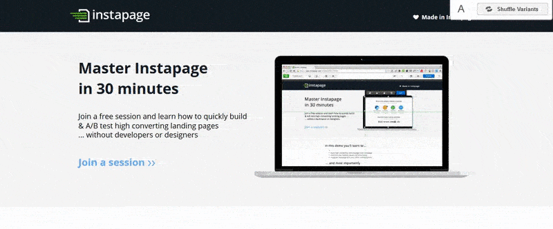 esta imagen muestra la página de control de Instapage. Se crearon tres variaciones más para la página, para evitar el error de prueba A / B de rendirse demasiado pronto.
