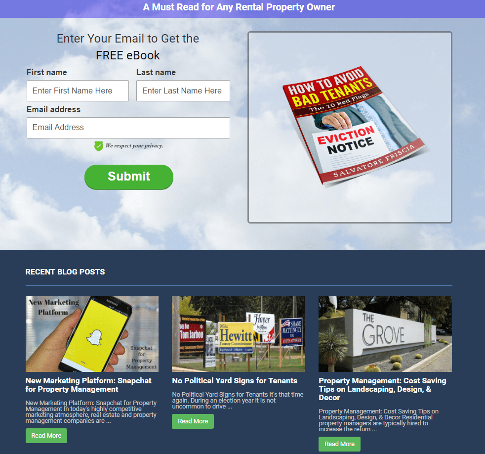 تُظهر هذه الصورة للمسوقين كيف تستخدم San Diego Property Management صفحة ضغط العقارات لتوليد العملاء المحتملين والمبيعات في النهاية.