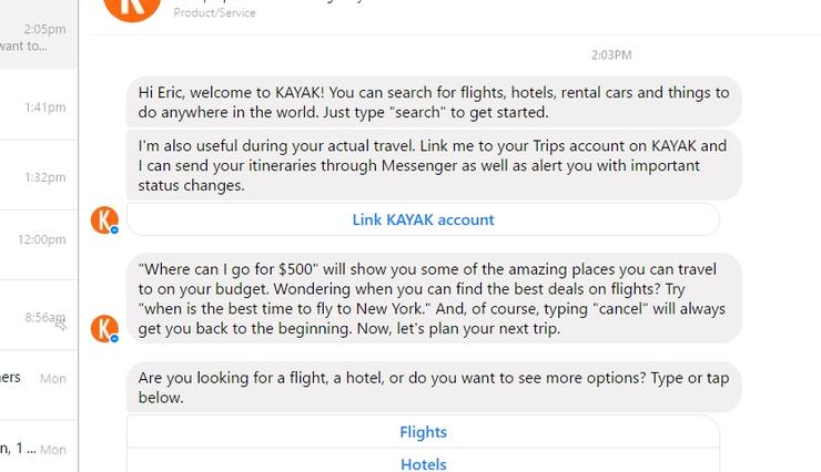 这张图片向营销人员展示了 Kayak 如何使用 Facebook Messenger 机器人来吸引用户并增加销售额。