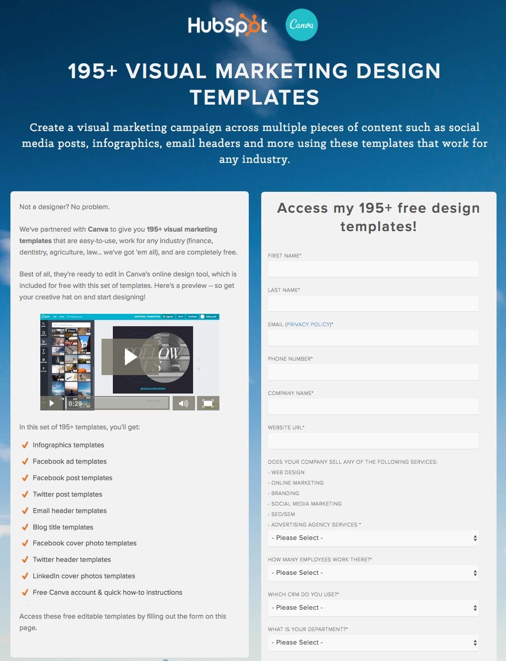 Esta página de destino pós-clique da HubSpot mostra aos profissionais de marketing como eles usam modelos de design de marketing visual como conteúdo fechado para gerar leads e reconhecimento da marca.