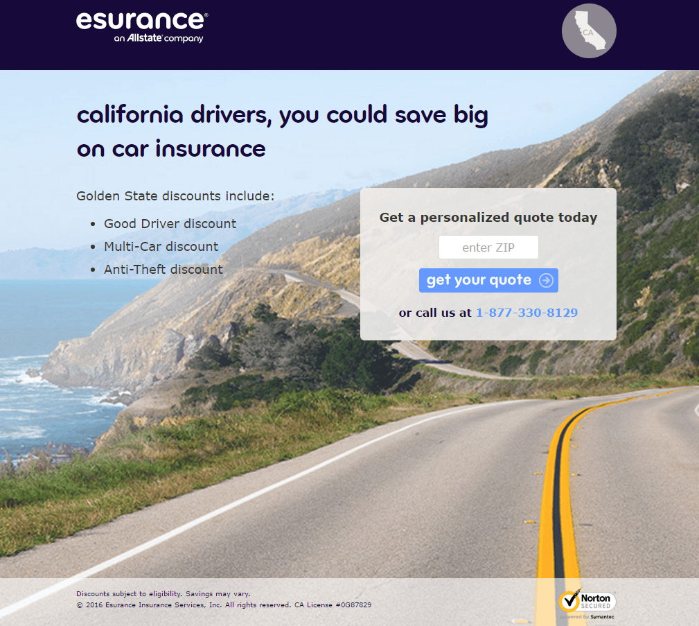Gambar ini menunjukkan pemasar bagaimana Esurance menggunakan halaman arahan pasca-klik untuk menghasilkan prospek asuransi mobil.
