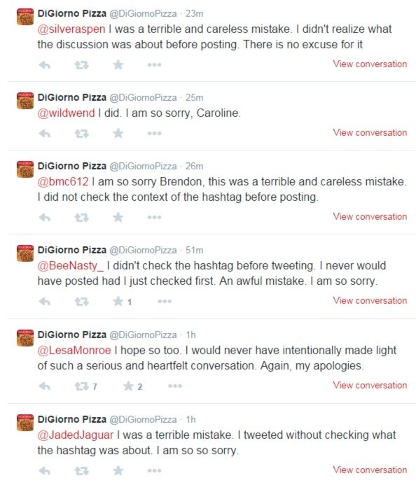 Bu resim DiGiorno's Pizza'nın duyarsız bir hashtag için Twitter takipçilerinden özür dilediğini gösteriyor.