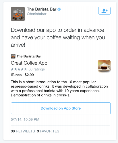 Gambar ini menunjukkan kepada pemasar cara beriklan di Twitter menggunakan kartu aplikasi dasar.