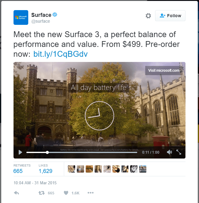 Gambar ini menunjukkan kepada pemasar cara menjalankan kampanye iklan Twitter menggunakan tampilan video, dan Microsoft Surface sebagai contohnya.