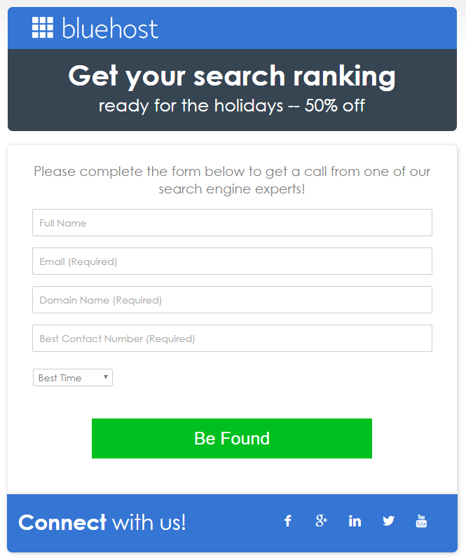 Bu resim, Bluehost'un daha fazla e-posta adresi toplamak ve daha fazla potansiyel müşteri oluşturmak için kullandıkları tıklama sonrası e-posta açılış sayfasını gösterir.