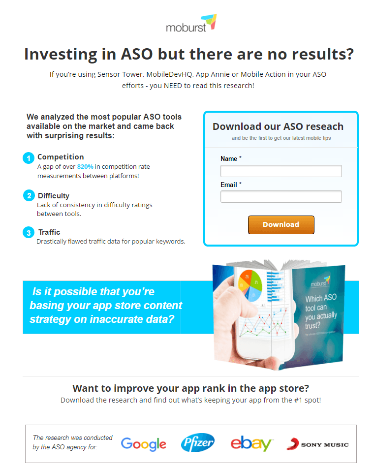 Bu resim, Moburst'ün e-posta tıklama sonrası açılış sayfasını ve e-posta adreslerini toplamak ve daha fazla ASO araştırma indirmesi oluşturmak için bunu nasıl kullandıklarını gösterir.