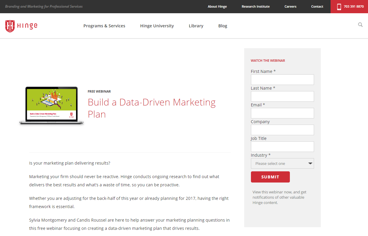 Bu resim, Hinge Marketing'in e-posta tıklama sonrası açılış sayfasını ve daha fazla web semineri kaydı oluşturmak için bunu nasıl kullandıklarını gösterir.