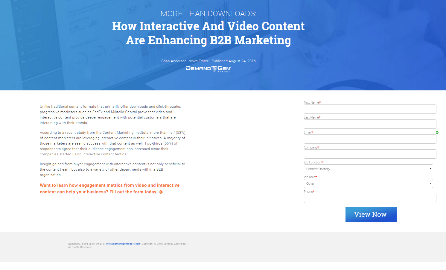 Bu resim, pazarlamacılara, Talep Oluşturma Raporunun, e-posta adreslerini toplamak ve daha fazla potansiyel müşteri oluşturmak için bir e-posta tıklama sonrası açılış sayfasını nasıl kullandığını gösterir.