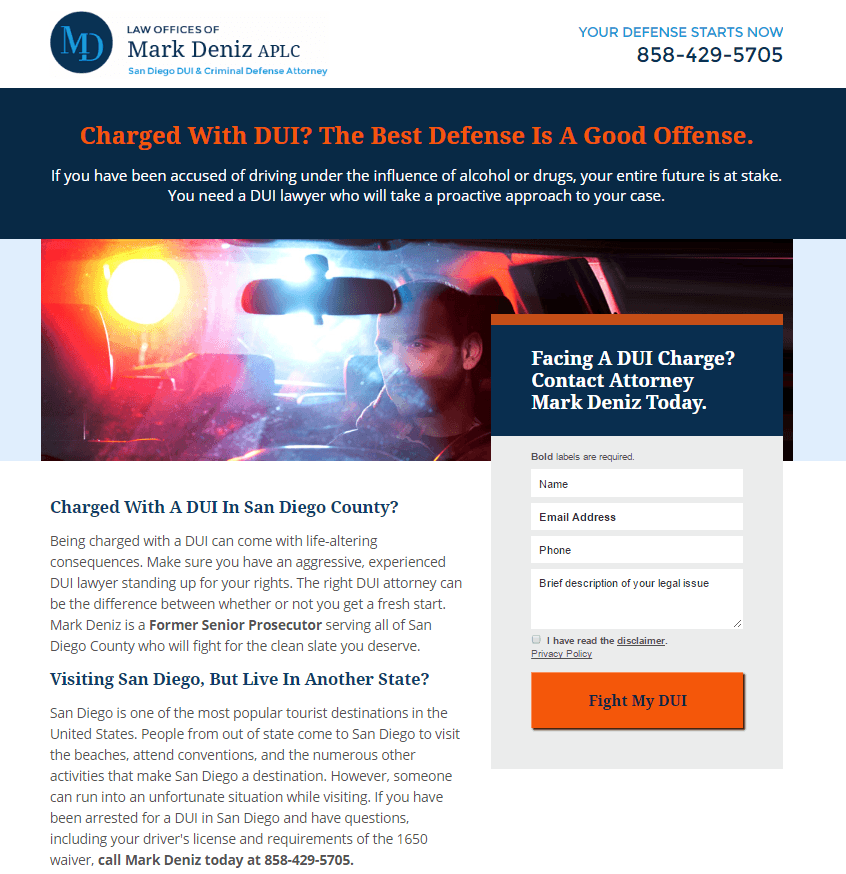 Questa immagine mostra ai professionisti del marketing come gli avvocati DUI possono utilizzare le pagine di destinazione legali post-clic per generare più contatti e clienti.