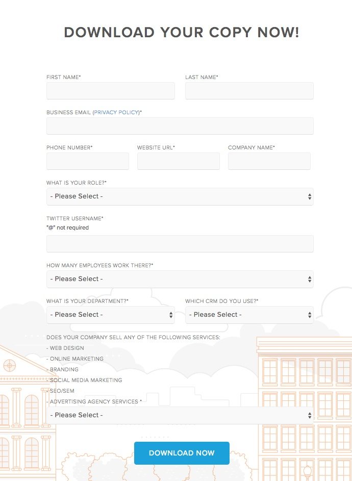 Dieses Bild zeigt eine lange Form auf der Post-Click-Landingpage von HubSpot, die bei potenziellen Kunden Angst und Reibung verursacht.