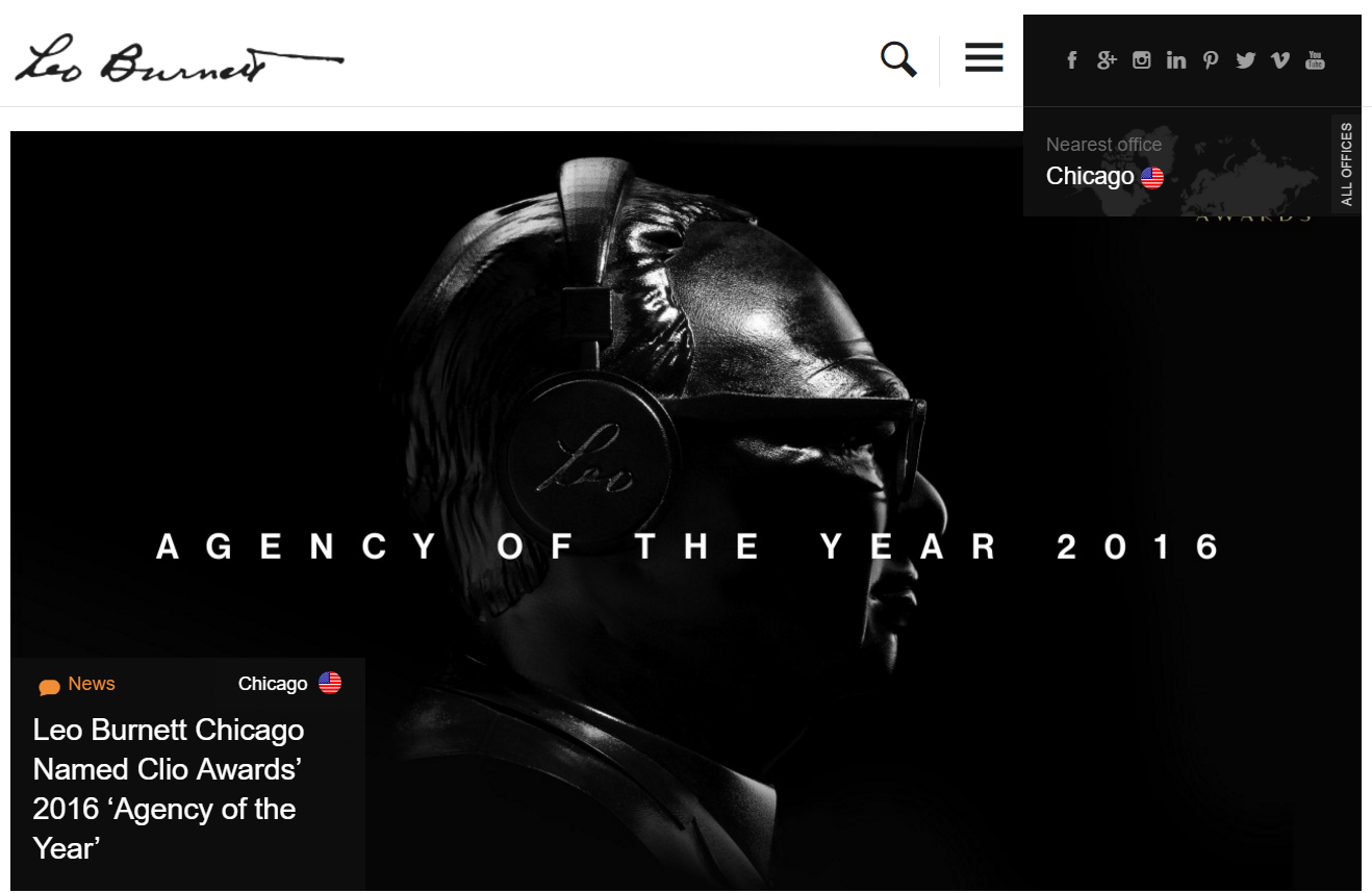 这张图展示了李奥贝纳的经纪公司如何在主页上展示他们的年度最佳经纪公司奖以签下更多客户。