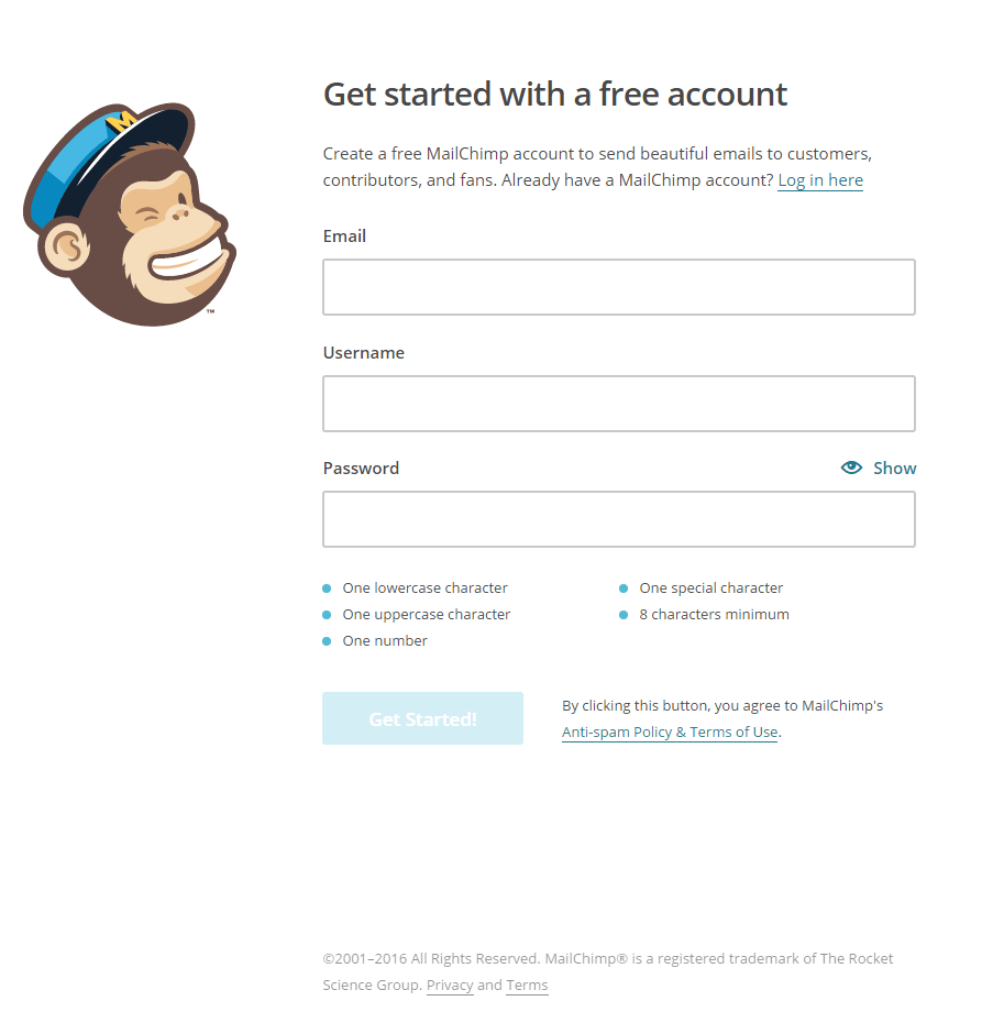 Dieses Bild zeigt Vermarktern, wie die Post-Click-Anmeldeseite von MailChimp neue Benutzer generiert und das Engagement der Benutzer erhöht.