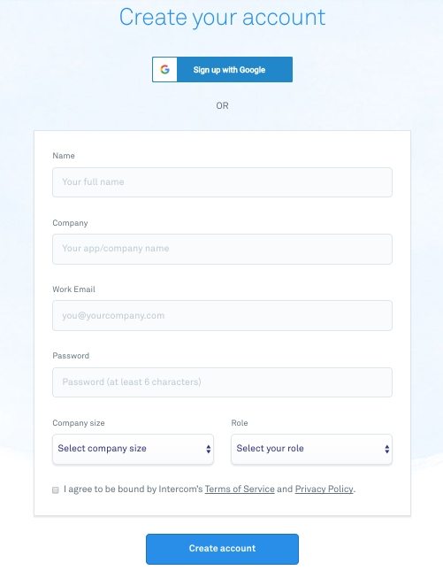 Questa immagine mostra come Intercom utilizza il marketing del marchio nella sua pagina di registrazione per generare più nuove registrazioni di account.
