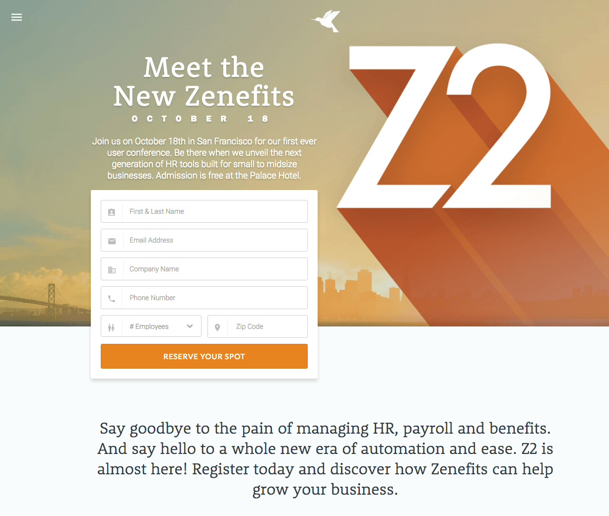 Questa immagine mostra ai professionisti del marketing come Zenefits utilizza la strategia del marchio sulla pagina di destinazione post-clic dell'evento per generare più registrazioni.