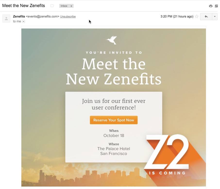 Questa immagine mostra ai professionisti del marketing come Zenefits utilizza la strategia del marchio nell'email marketing per generare registrazioni agli eventi.
