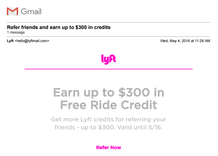 Questa immagine mostra come Lyft utilizza lo sviluppo del marchio e la strategia nel suo email marketing.