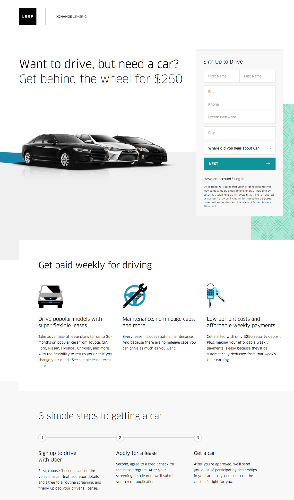 Questa immagine mostra ai professionisti del marketing come Uber utilizza la strategia del marchio nelle pagine di destinazione post clic per generare nuove registrazioni.