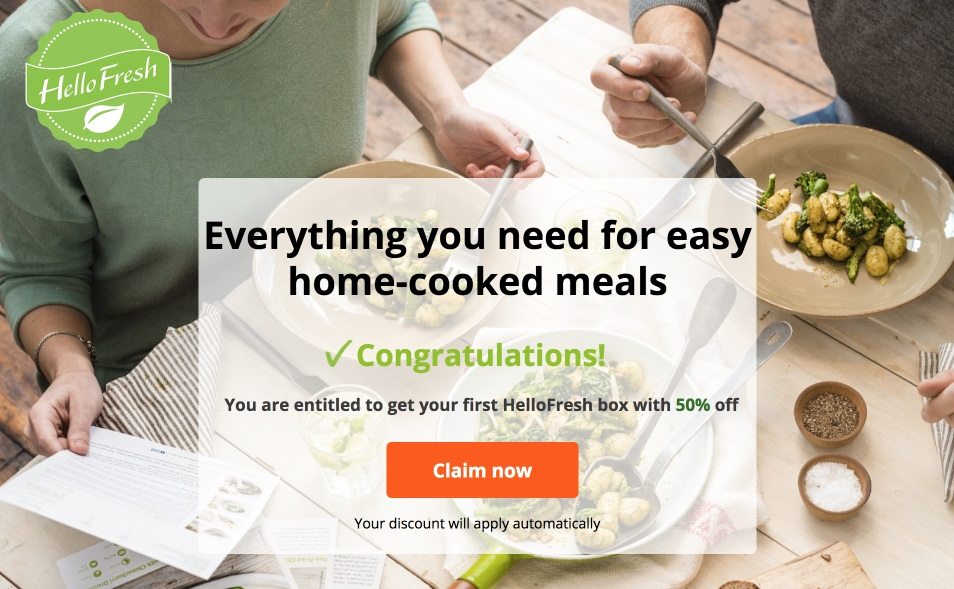 To zdjęcie pokazuje, jak HelloFresh wykorzystuje enkapsulację i odstępy, aby zwrócić większą uwagę na przycisk CTA.