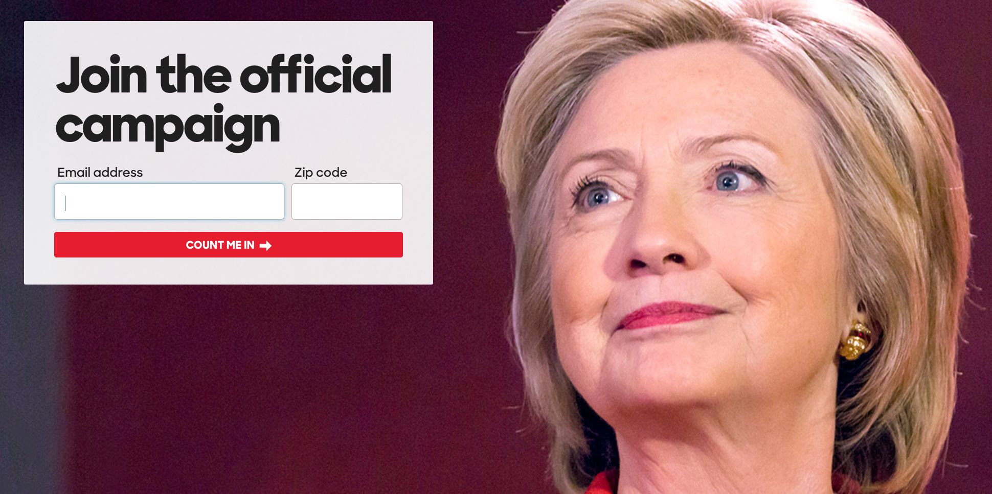 To zdjęcie pokazuje, w jaki sposób Hillary Clinton używa wizualnego wskaźnika linii wzroku, aby skierować zwolenników do jej przycisku CTA dotyczącego darowizny.