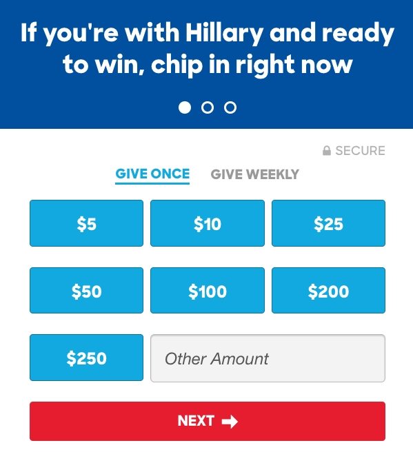 Questa immagine mostra ai professionisti del marketing come Hillary Clinton utilizza un modulo in più fasi per aumentare le donazioni alla campagna.