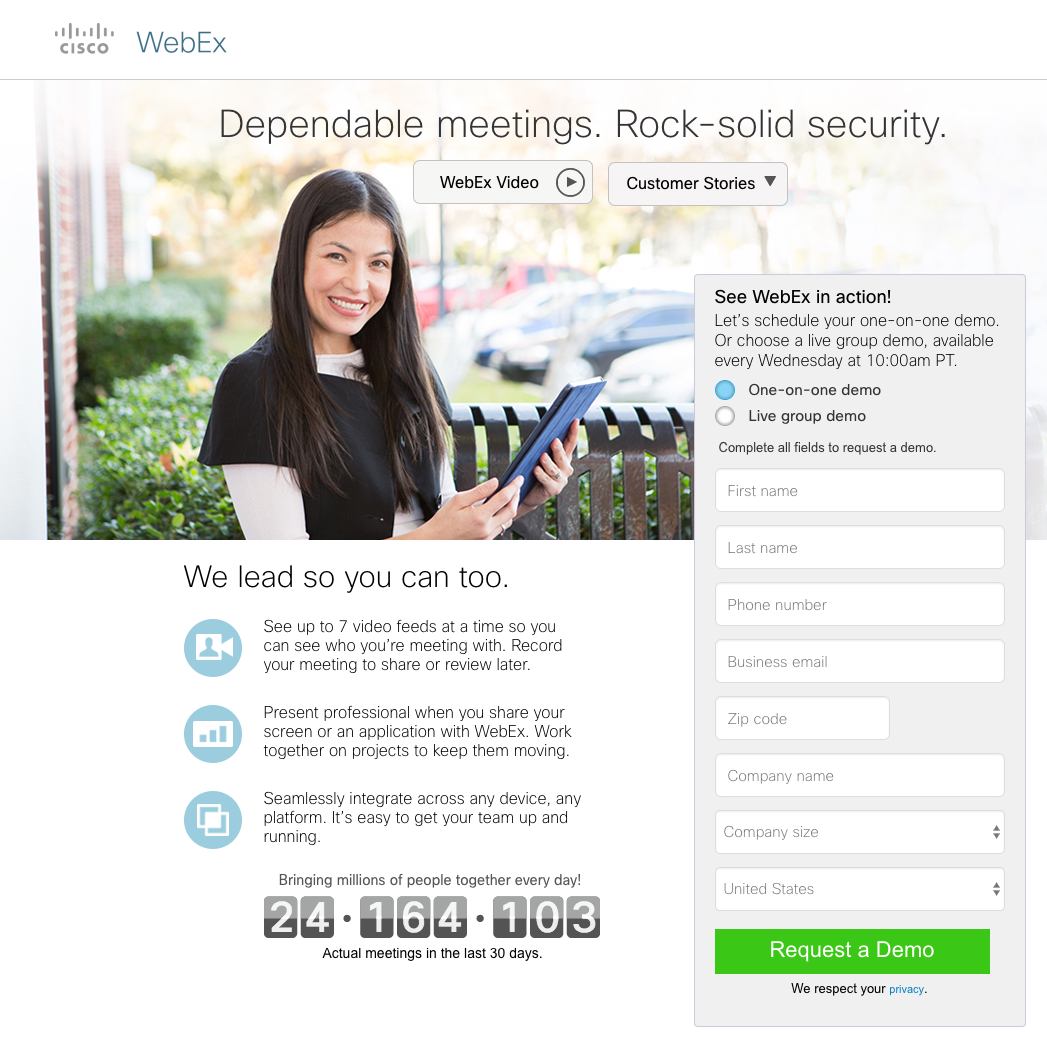 Questa immagine mostra come Cisco e WebEx utilizzano un modulo di pagina di destinazione post clic per aumentare le conversioni sulla pagina di destinazione post clic per l'iscrizione alla demo.