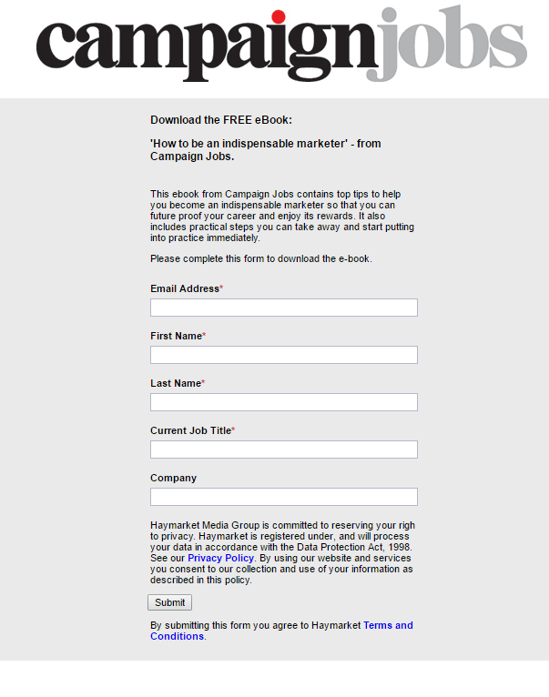 Gambar ini menunjukkan kepada pemasar bagaimana Campaign Jobs menggunakan halaman arahan pasca-klik ebook untuk mengembangkan daftar emailnya.