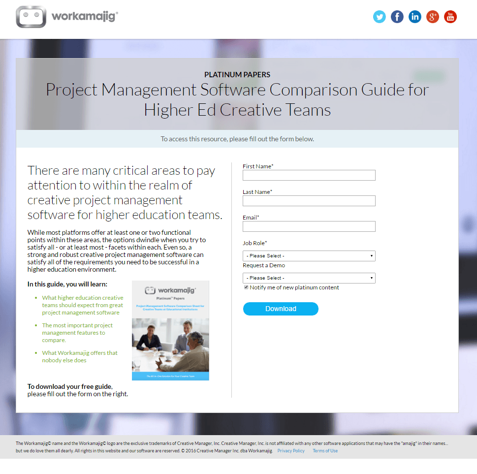 Gambar ini menunjukkan halaman arahan pasca-klik ebook Workamajig yang menghasilkan prospek dan mengembangkan daftar email mereka.