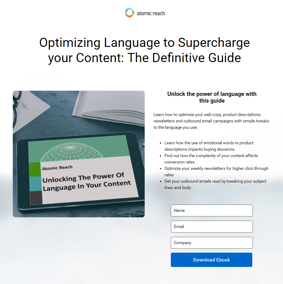 Gambar ini menunjukkan kepada pemasar bagaimana Atomic Reach menggunakan halaman arahan pasca-klik ebook untuk menghasilkan prospek.