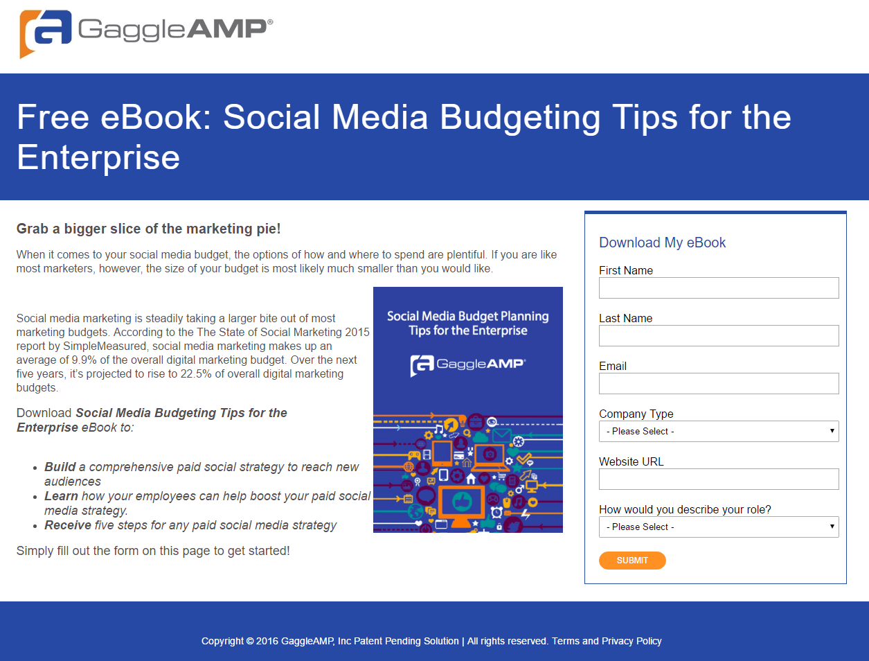 Gambar ini menunjukkan kepada pemasar bagaimana GaggleAMP menggunakan halaman arahan pasca-klik ebook untuk menghasilkan prospek dan memaksimalkan ROI.