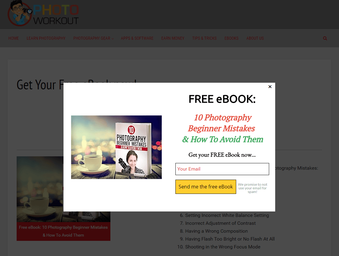 Gambar ini menunjukkan kepada pemasar bagaimana Photo Workout menggunakan halaman pemerasan ebook untuk mengembangkan daftar emailnya.