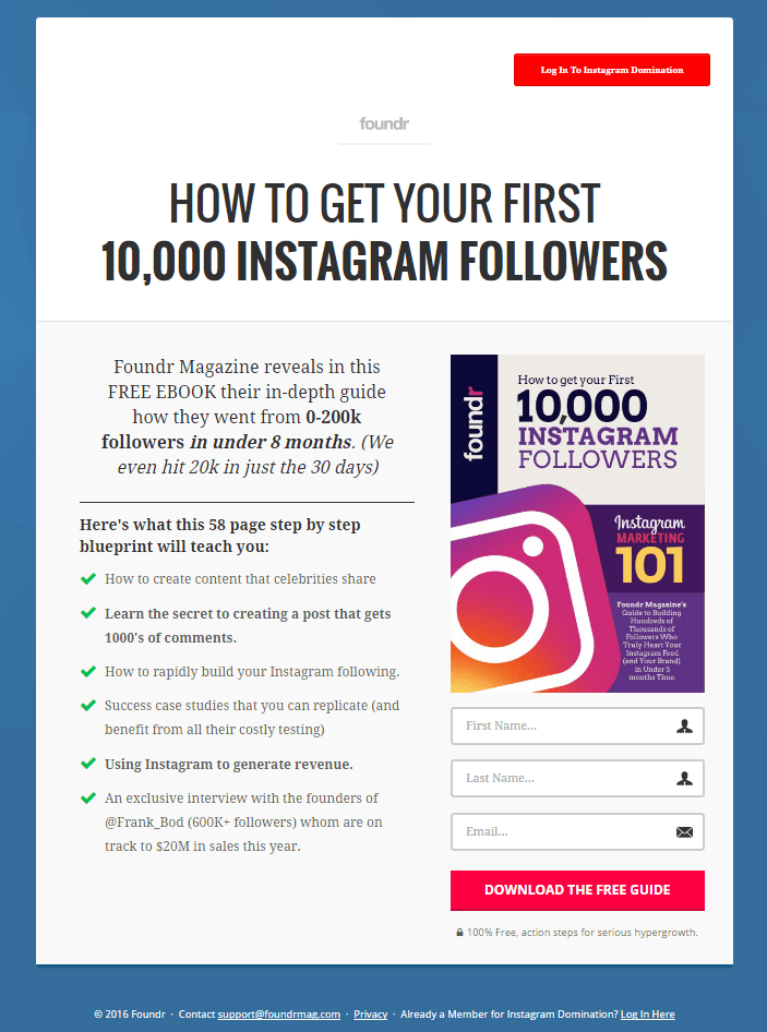 Gambar ini menunjukkan kepada pemasar bagaimana Foundr menggunakan halaman arahan pasca-klik ebook untuk memaksimalkan upaya perolehan prospeknya.