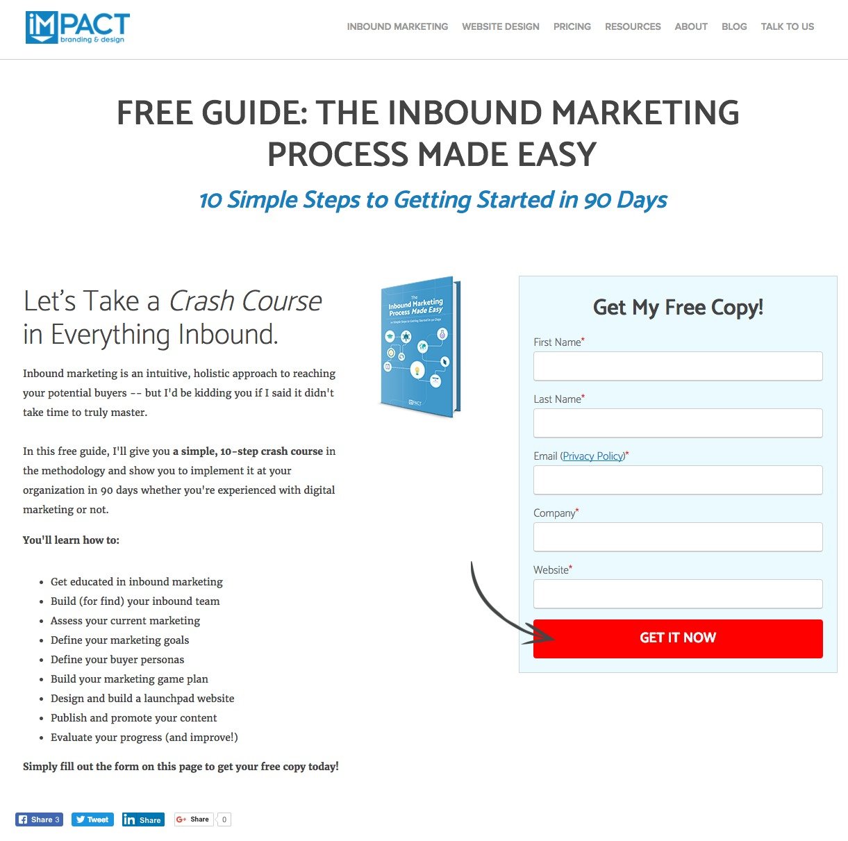 Gambar ini menunjukkan kepada pemasar bagaimana Impact Branding & Design menggunakan halaman arahan pasca-klik ebook untuk mengembangkan daftar emailnya dan menghasilkan lebih banyak prospek.