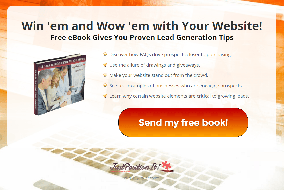 Gambar ini menunjukkan kepada pemasar bagaimana Just Position It menggunakan halaman arahan pasca-klik ebook untuk menghasilkan prospek dan mengembangkan daftar emailnya.