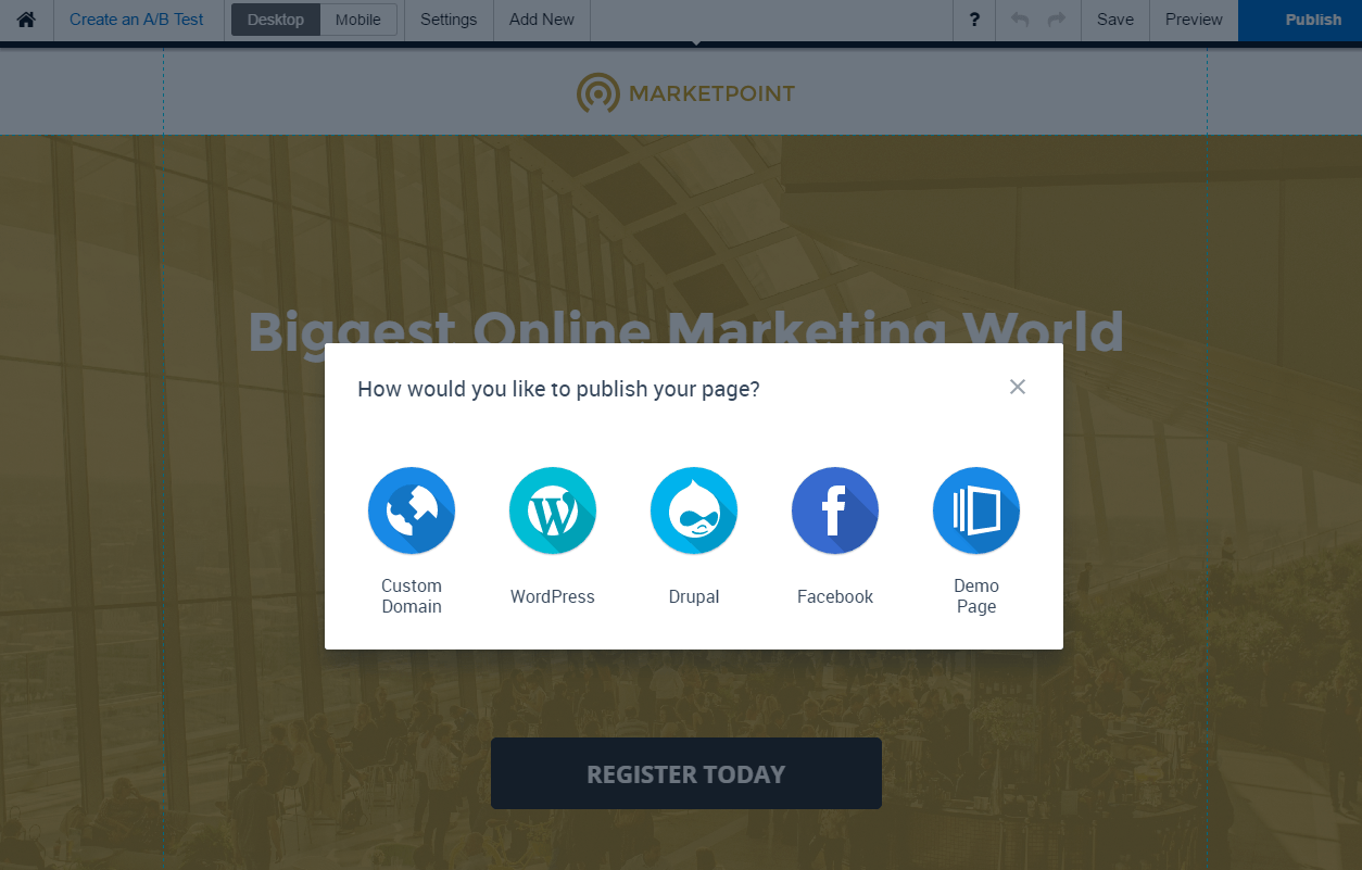 تُظهر هذه الصورة للمسوقين مدى سهولة نشر الصفحات المقصودة بعد النقر على CMS في Instapage.