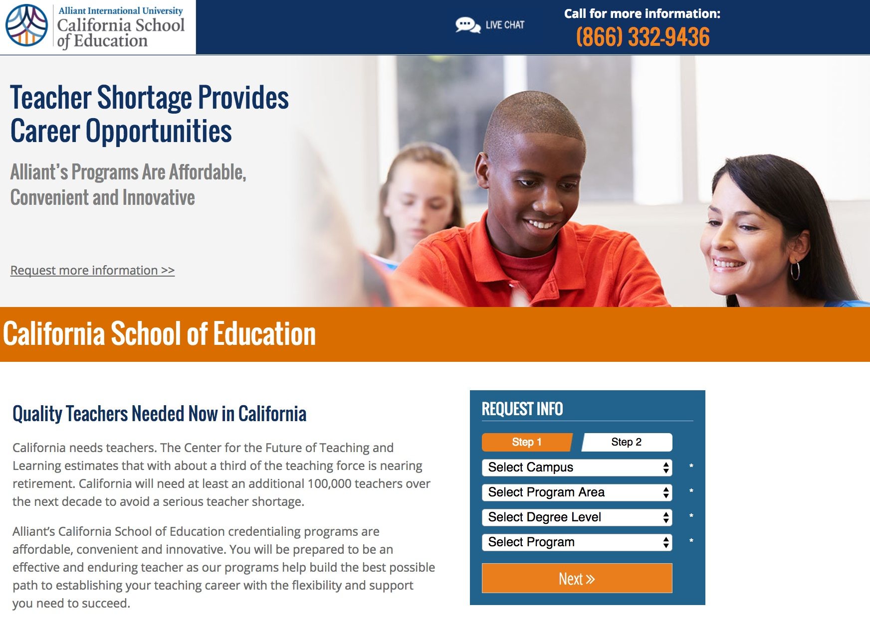 这张图片向营销人员展示了 Alliant University 如何使用教育登陆页面来生成新的潜在客户和学生注册。