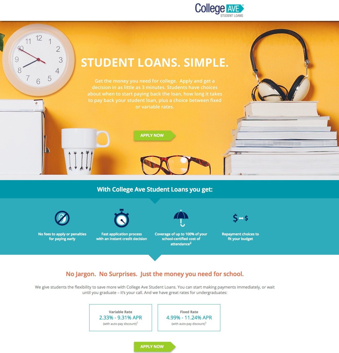 这张图片向营销人员展示了 College Ave 如何使用教育登陆页面来生成新的学生贷款申请和销售。