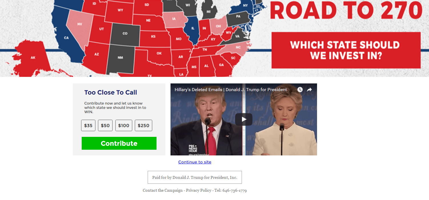 Această imagine arată specialiștilor în marketing cum Donald Trump folosește o pagină de destinație YouTube după clic pentru a genera contribuții la campanie.