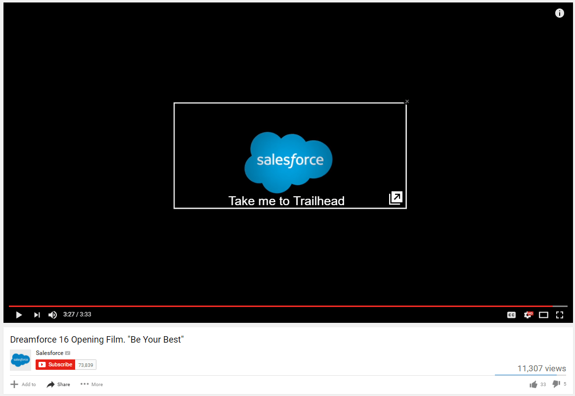 Această imagine arată marketingilor cum Salesforce folosește un link de „adnotare” pe YouTube pentru a genera trafic și vânzări.