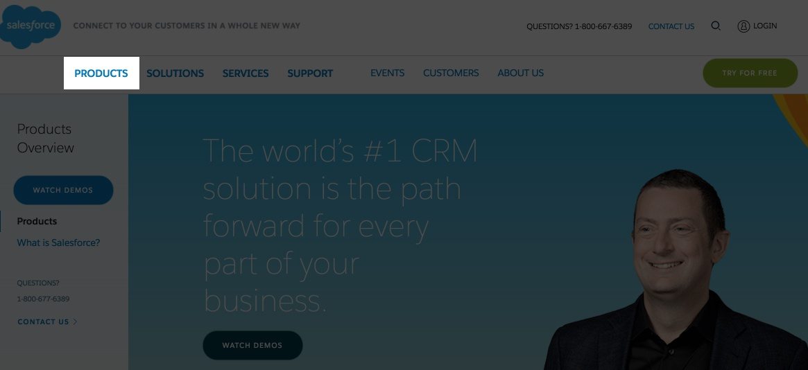 この写真は、SalesforceがWebサイトナビゲーションの[製品]ボタンからデモのクリック後のランディングページにリンクする方法をマーケティング担当者に示しています。
