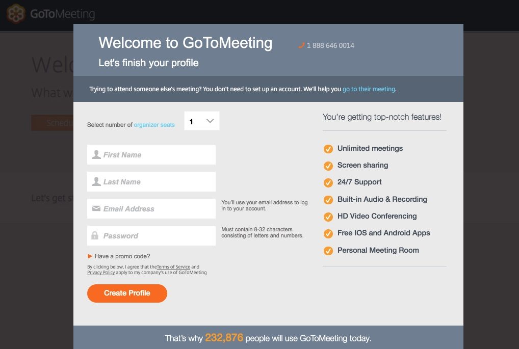 この写真は、GoToMeetingのクリック後のランディングページを示しています。これは、GoToMeetingのWebサイトからリンクされています。