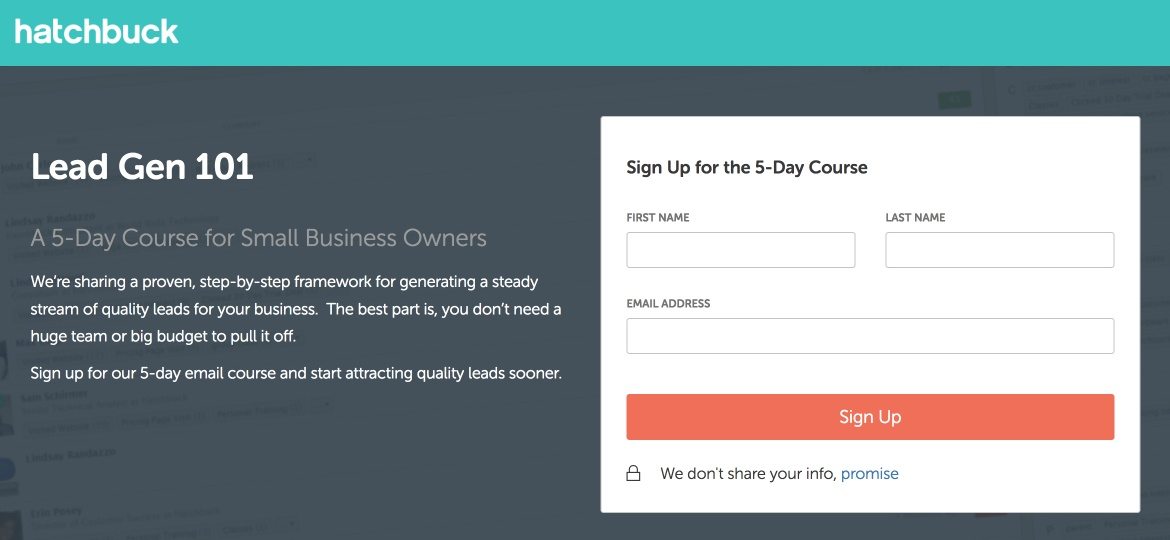 この写真は、ハッチバックのウェブサイトからリンクされているクリック後のランディングページを示しています。