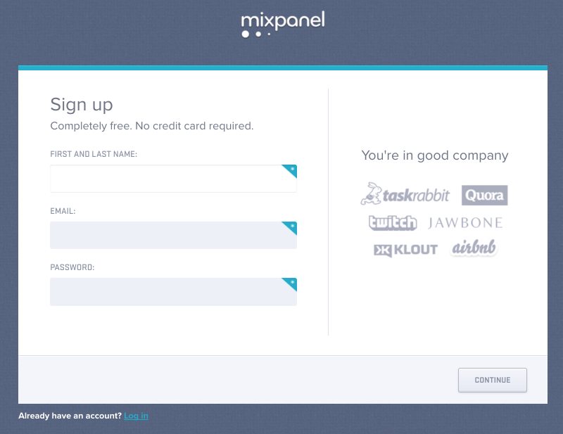 この写真は、Mixpanelのサインアップ後のクリックランディングページを示しています。これは、MixpanelのWebサイトからリンクされています。