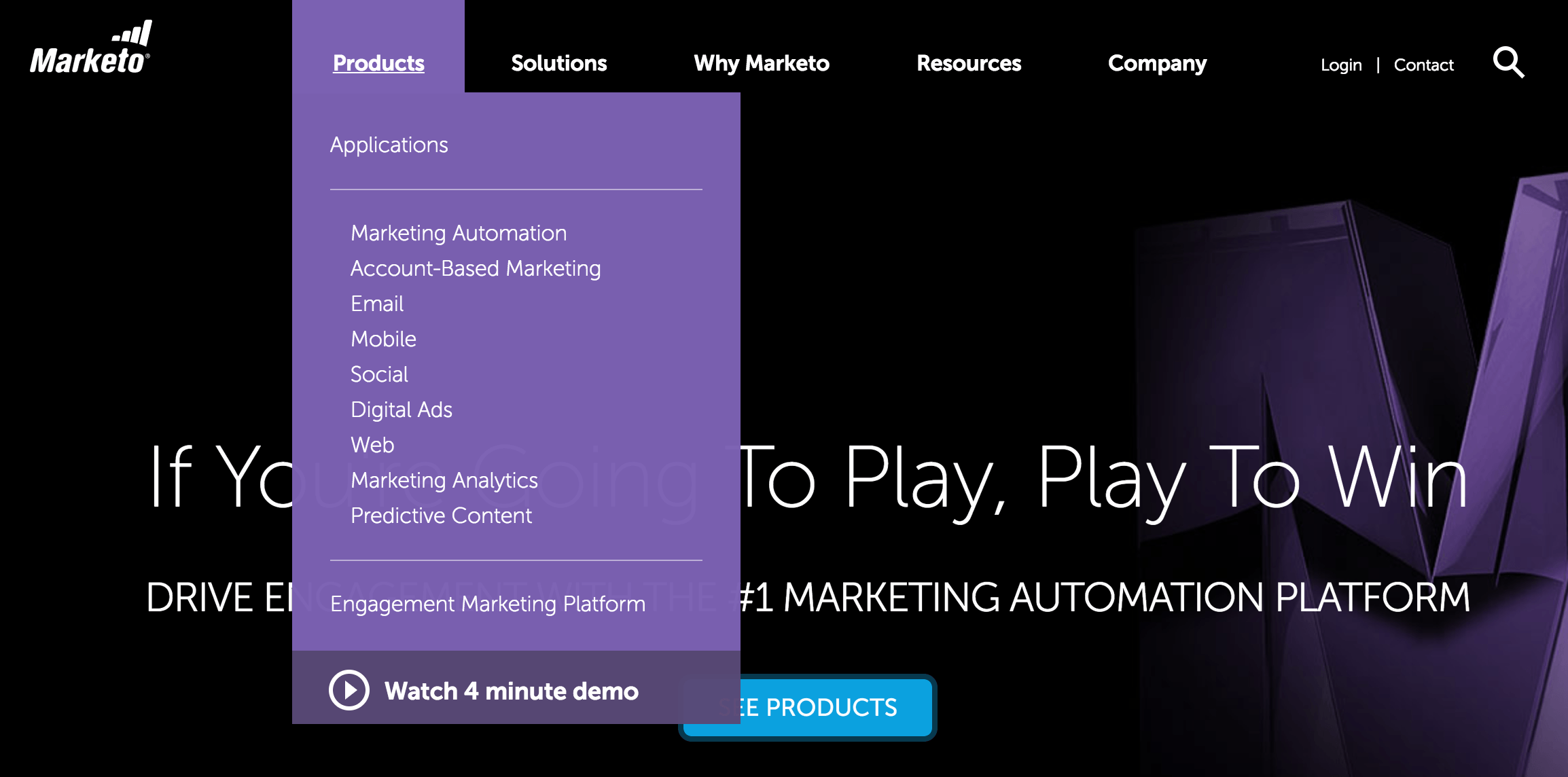 この写真は、Marketoがホームページのナビゲーションドロップダウンメニューからデモのクリック後のランディングページにリンクする方法を示しています。