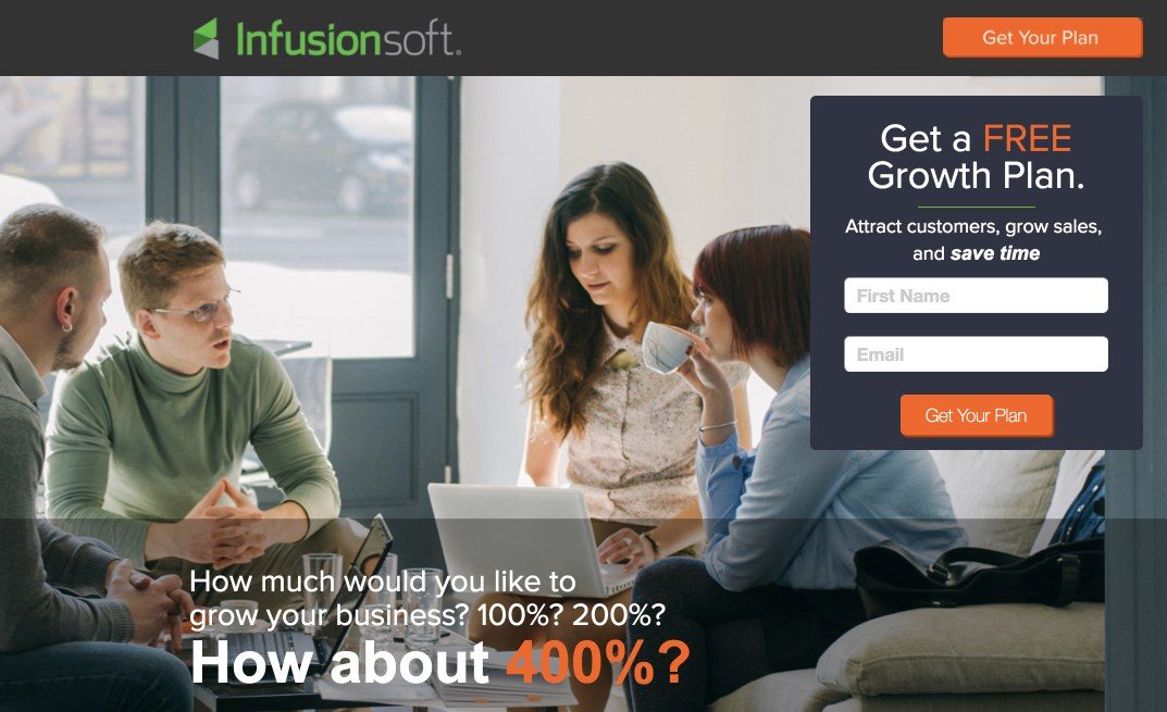 To zdjęcie pokazuje, w jaki sposób Infusionsoft wykorzystuje dopasowywanie wiadomości na swojej stronie docelowej po kliknięciu, aby stworzyć świetne pierwsze wrażenie na użytkownikach wyszukiwania.