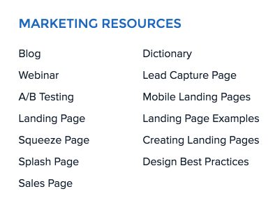 Dieses Bild zeigt Marketingfachleuten, wie sie auf den Abschnitt mit den Instapage-Marketingressourcen zugreifen, einschließlich des Unternehmensblogs, des Webinars, des Wörterbuchs und der Bildungsressourcen.